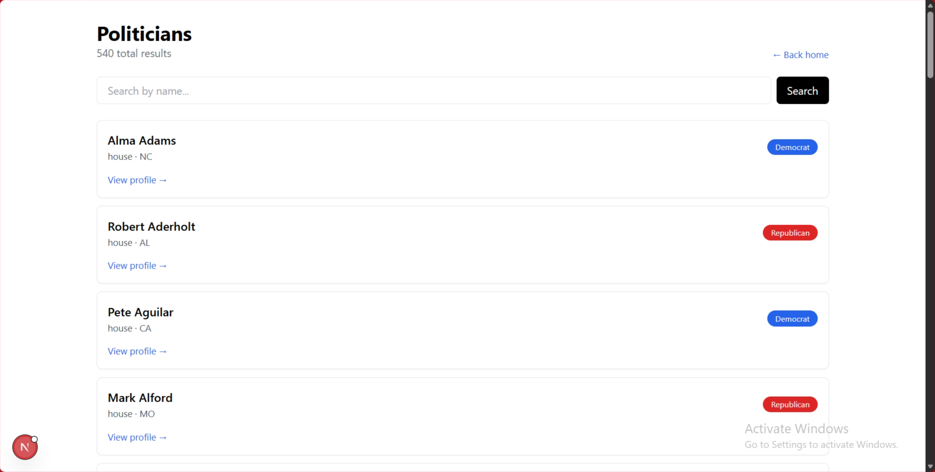 Politician list page